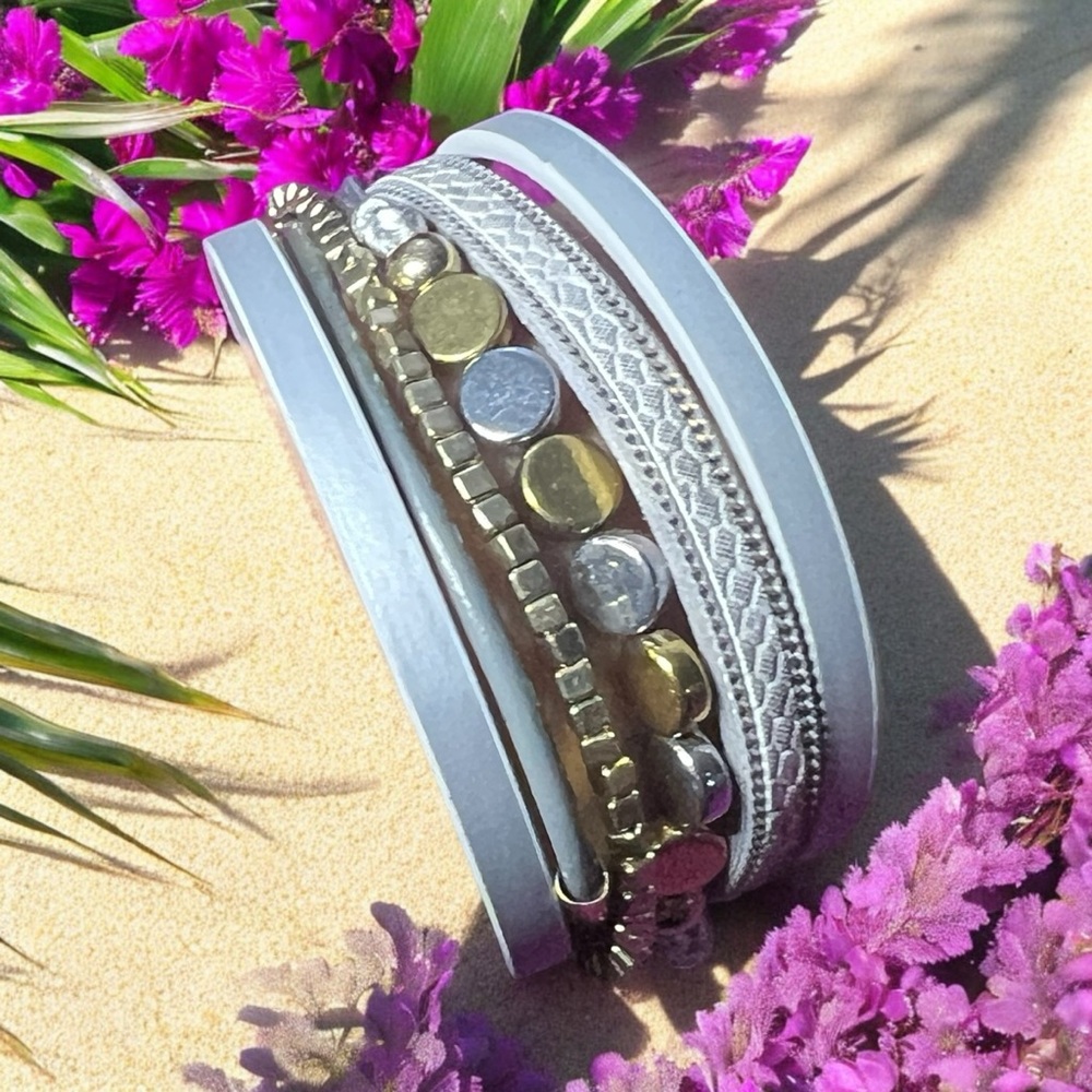 Boho Silver and Gold Multi-Layered Wrap Bracelet with Magnetic Closure